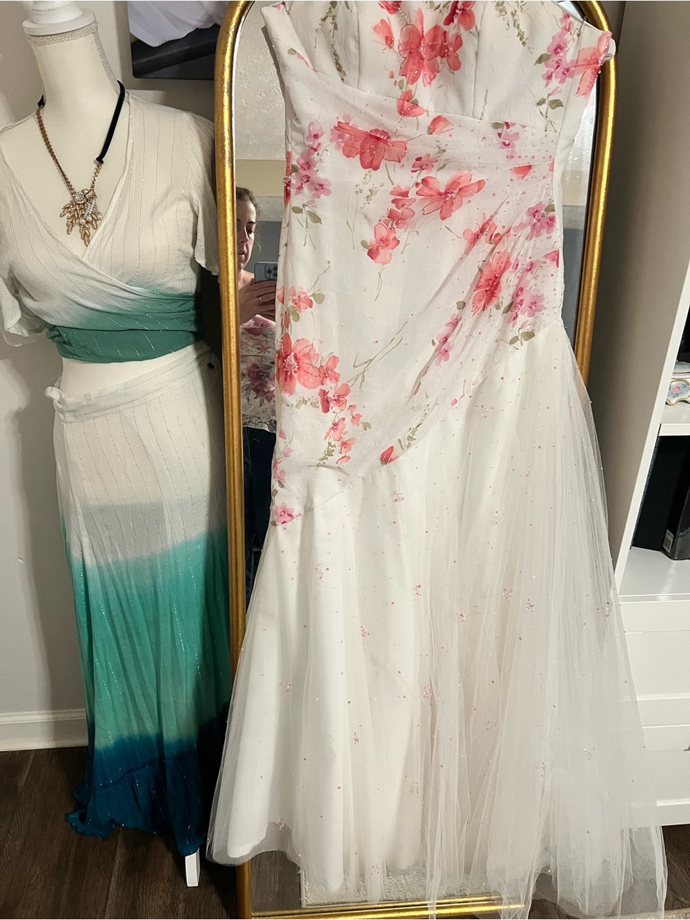 Floral Strapless White and Pink Tulle Evening Dress